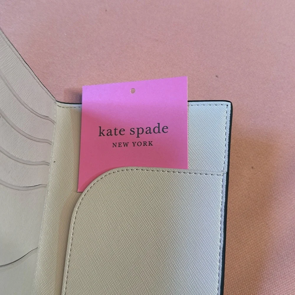 New KATE SPADE Leather Passport Holder. Metal Gold Logo. Black/Pink Interior.